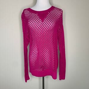 NWT Open Weave Pink Sweater Crochet Long Sleeve Sz Large